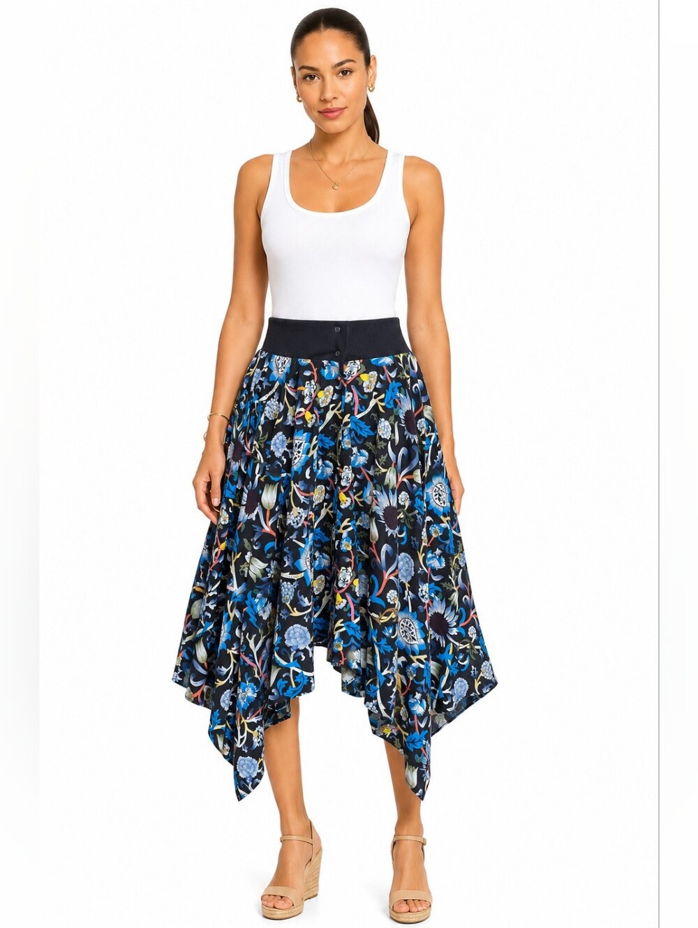 JW Anderson 100% Silk Floral Handkerchief Hem Midi Skirt Black US 6 EU 38